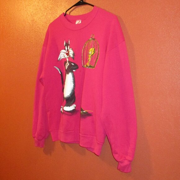 Looney Tunes Tweety Sylvester Cat Vintage 93 Woman Large Pink Black Sweatshirt - Picture 6 of 9
